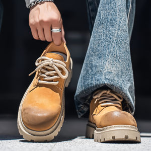 Mens Workwear Martin Boots Autumn Vintage Leather Shoes British Style Low Help Yellow Boots Heightening Brown Derby Shoes