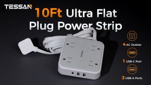 TESSAN Power Strip Flat Plug Extension Cord 1.5m 3m 4.5m Extension Cord With USB Type C Port