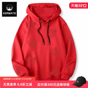 เสื้อสเวตเตอร์คอกลมแขนยาวทรงหลวมสไตล์ลำลองสำหรับฤดูใบไม้ร่วง ผ้าฝ้ายแท้สีแดงพิมพ์ลายแมวตัวน้อย ทรงหลวมสำหรับทุกเพศ