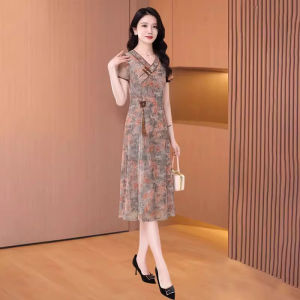 MAIMEI | Elegant Low-Necked Summer Dress Womens New 2025 High-End Brand Silk Material Cheongsam Style A-Line Midi Skirt V-Neck Floral Pattern