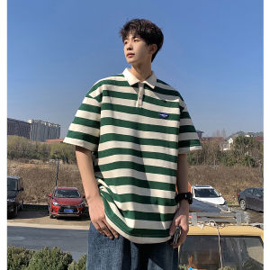 American Stripe Short Sleeve Polo Shirt Mens Summer Trendy Heavyweight Collar T-Shirt Teen Casual Versatile Half Sleeve