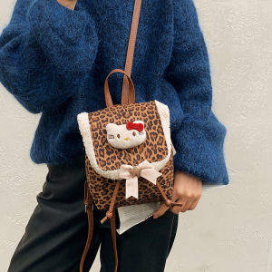 Autumn Winter Womens Mini Backpack Lamb Fur Leopard Print Cute Student Party Bag Sweet Cool Style Zipper Closure Daily Use