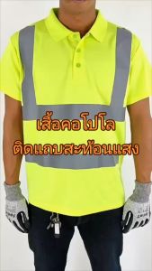 เสื้อยืดลาย สะท้อนแสง คอโปโล สีเขียว TFP2H2V แถบ 2 แถบแนวนอน 2 แถบตั้ง