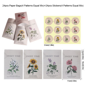 24Sets Sunflower Rose Gift Bags Vintage Flower Candy Cookie Treat Bags with Stickers Wedding Party Favor Bag Wrapping Supplies