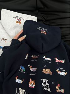 Rich Navy Embroidered Cartoon Hoodie Womens Fleece Lined Thickened Autumn Winter Korean Style Lazy Outfit Top Sleeve Long