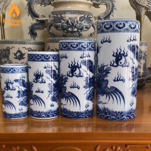Lọ Đựng Hương Ống Hương Ống Cắm Hương Bát Tràng Men Lam Men Trắng Hoạ Tiết Rồng Sen