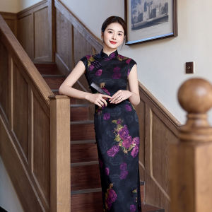 Vintage Black Sleeveless Qipao Modified Elegant Slimming Floral Print Dress