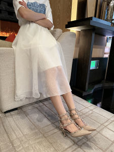 รองเท้าแตะส้นสูงหัวแหลม V-Home สำหรับผู้หญิง ทรงหัวแหลม สายรัดหัวเข็มขัด หนังวัวชั้นบน ส้นสูงพิเศษ รองเท้าแตะส้นแบนแบบสวมสบาย