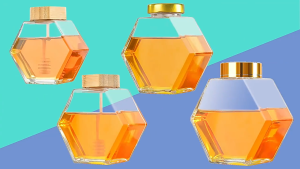 Botol Kaca Madu Hexagon 220/380 Ml dengan Tutup Kayu & Stik Madu Kualitas Tinggi Ramah Lingkungan Desain Elegan untuk Madu Sirup Minyak Herbal