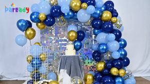 97PCS Navy Blue Balloon Garland Arch Kit Metallic Blue and Macaron Blue Balloons Gold Confetti and Metallic Gold Balloons Arch