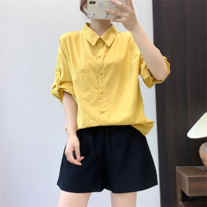 เสื้อเชิ้ตแขนสั้นผ้าฝ้ายสำหรับผู้หญิงในช่วงฤดูร้อน สไตล์เกาหลี หลวมๆ สบายๆ สีสันสดใส ปกโปโล เสื้อตัวบน