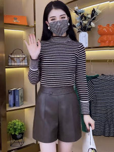 Fleece Lined Striped Base Shirt Womens T-Shirt High Neck Warm Inner Wear Fashionable Autumn Winter Solid Color Commute Style