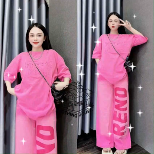 Casual Sets Terno for Women: Korean Fashion Summer New Printed Short-sleeved Wide-leg Pants Sportswear Black/Pink