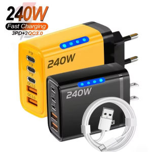 240W Fast Charger 5 in 1 Desktop With LED Light 2 USB+3 Type-C Multi Port Phone Charger EU/US Plug  For iPhone Samsung Huawei