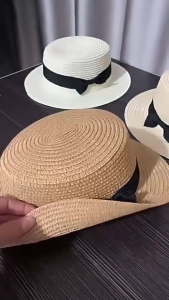 สไตล์เกาหลีสำหรับชายหาด หมวกสานทรงกลม หมวกพับขอบแต่งโบว์ ปีกกว้างแบบย้อนยุค