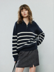 Toyouth | Áo Sweater Len Nữ Cổ Zip Đính Sọc Kinh Điển Ấm Áp