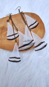 Ready Stock SG Two-toned Turkey Tail Feather Brass Drop Earrings Handmade Boho Feather Earrings