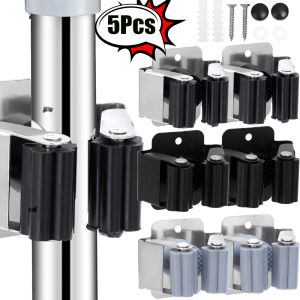 5Pcs Stainless Steel Mop Holder - Wall Mounted Mop Storage Rack - Broom Hanger with Installation Screws - For Kitchen/Bathroom - Easy Installation Rustproof Space Saving