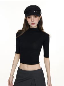 Áo Thun Nữ Tay Ngắn Ôm Vừa Vặn Cổ Cao Mỏng Thiết Kế Mùa Hè Màu Đen Tay Giữa Phong Cách Ngọt Ngào Thường Ngày