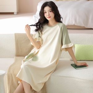 miiow | Pure Cotton Summer Sleep Dress Womens Short Sleeve Midi Dress Home Clothes Comfortable Breathable Ladies Nightgown MiiOW