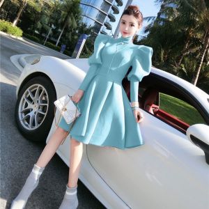 French Style Slimming White Dress Party Evening Gown Autumn Winter High Waist Bubble Sleeve Zipper Back A-Line Skirt Dress