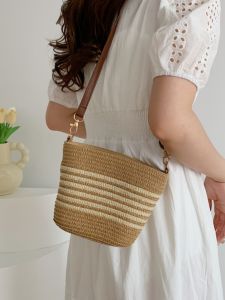 Summer Straw Woven Bucket Bag Womens Crossbody Beach Vacation Beach Sandals Casual Single Shoulder Soft Handle Polyester Lining