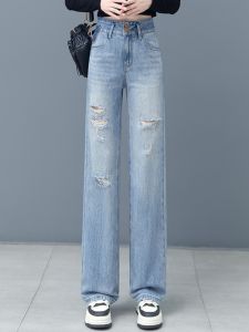 Retro Blue Denim Jeans Womens High Waist Thin Straight Leg Torn Fringed Casual Jeans Spring 2024 New Style Commute Fashion