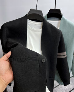Trendy Early Autumn Mens Knitted Sweater Shoulder Wrap Spring Outerwear Pocket Youth Slim Fit V-Neck Long Sleeve Casual Coat