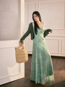 JULULOOK | Bộ Đầm Siêu Kích Cỡ Dots Xanh Vintage Ôm Eo