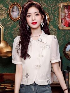 New Chinese Style Short Embroidered Shirt Womens Summer Fashionable National Wind Button Short Sleeve Chiffon Top Small Shirt