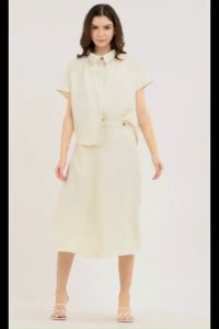Krizia 2 pieces Button Down Collared Shirt Blouse Top & High Waist with Wrap-around Design Skirt