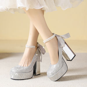 รองเท้าแต่งงานคริสตัลสีเงิน ผู้หญิง ส้นหนาแบบฝรั่งเศส Mary Janes แพลตฟอร์มกันน้ํารองเท้าส้นสูงส้นหนารองเท้าเดี่ยว