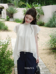 THROUS | Áo Chiffon Dễ Thương Tay Voan Ruffle Cổ Trung Bình Viền Ren