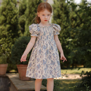 New Summer Clothes Baby Girls Princess Dresses Puff Sleeve Blue Flower Toddlers Vacation Kids Cotton Cute Dress Casual Outfit