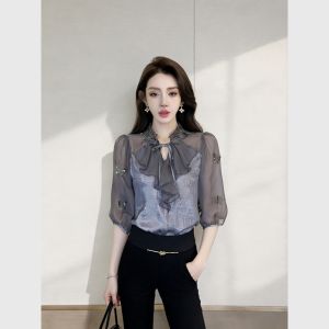 Formal French Style Blue-Grey Plaid Short Sleeve Shirt