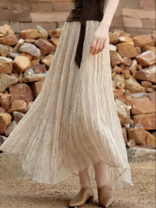 Loose Feeling Summer Folds Elastic Waist Slimming Long Skirt