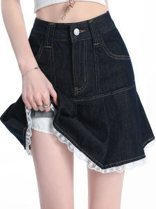 High Waist A-Line Mini Skirt Womens Summer New Style Denim Lace Trim Slimming Anti-Light Bicolor Short Skirt with Lining