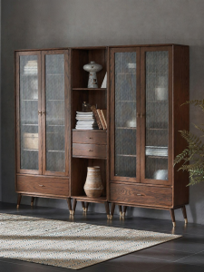 YUANSHI YUANSU | Solid Wood Bookcase with Glass Doors Walnut Color