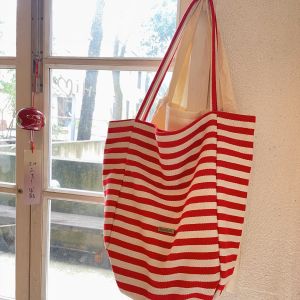 Túi Tote Canvas Retro Red Stripes High Capacity Double-Sided Pattern Letter College Style Túi Tote Canvas Túi Đeo Vai Dày Thường Ngày