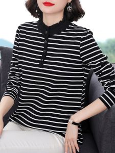 Pure Cotton Long Sleeve Striped Shirt Womens Korean Style Stand Collar Base Layer Top for Middle-Aged Mothers Autumn Wear