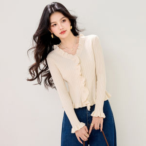 puella | Áo Cardigan Dệt Kim Bodycon Màu Sắc Tinh Khiết Mới Mùa Thu Có Nếp Gợn