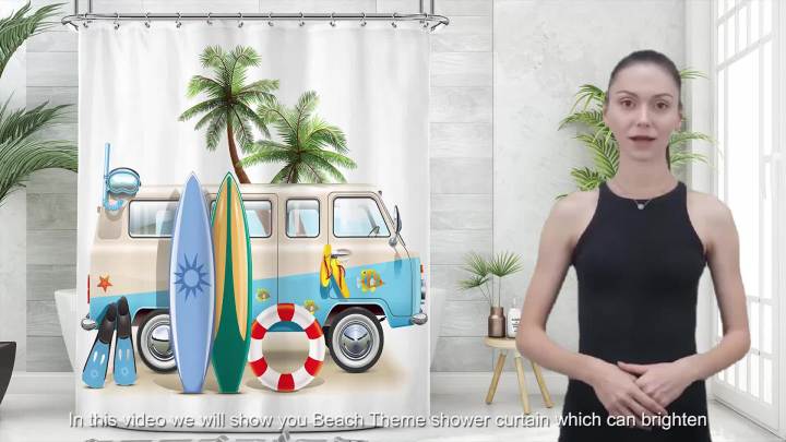 Riyidecor Beach Surf RV Fabric Shower Curtain Set for Bathroom Decor 72Wx72H Inch Coastal Theme Bath Accessories for Men Boys Tropical Palm Trees Pattern Camping Car Bathtub 12 Pack Plastic Hooks