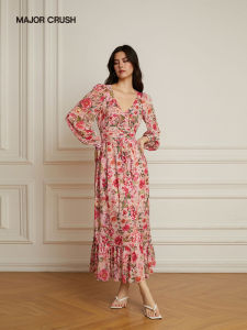 French Style Pink Floral Print Loose Waist-cinched V-neck Dress