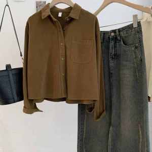 เสื้อเชิ้ตคอปกพับสไตล์ฝรั่งเศสสำหรับผู้หญิง ผ้าฝ้ายแท้ ทรงหลวม แขนยาว สีพื้น คอกลม เสื้อคาร์ดิแกนเปิดไหล่