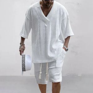 Men Shorts Set Summer Casual Knitted Two Piece Mens Clothing V-Neck Short Sleeve T-shirt and Shorts Streetwear Knit Outfits