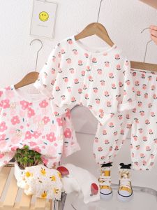 Childrens Double Layer Cotton Flannel Sleepwear Thin Home Clothes Air Conditioner Suit Baby Boys Girls Spring Summer Home Clothes