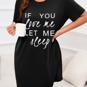Womens Letter Printed Short Sleeve Round Neck Nightgown Plus Size Casual Home Dress Micro Stretch Student Sleepwear