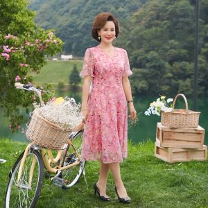Women Summer Casual Dress Ladies Middle-aged Print Short Sleeve Pleated Dresses Female Vintage V-neck Vestidos