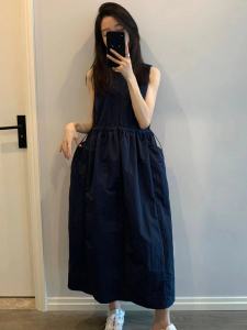 YUFUQING | 2024 New Korean Style Slim Fit Indigo Blue Drawstring Waist Lightweight Sleeveless Vest Dress Women Summer Long Dress