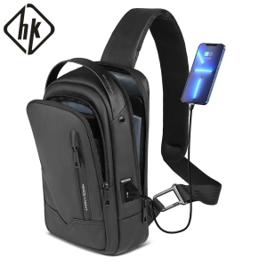 HK Waterproof Mens Shoulder Bag Lightweight Crossbody Bag Oxford Casual Satchel with USB Port Commute Business Chest Bag Male